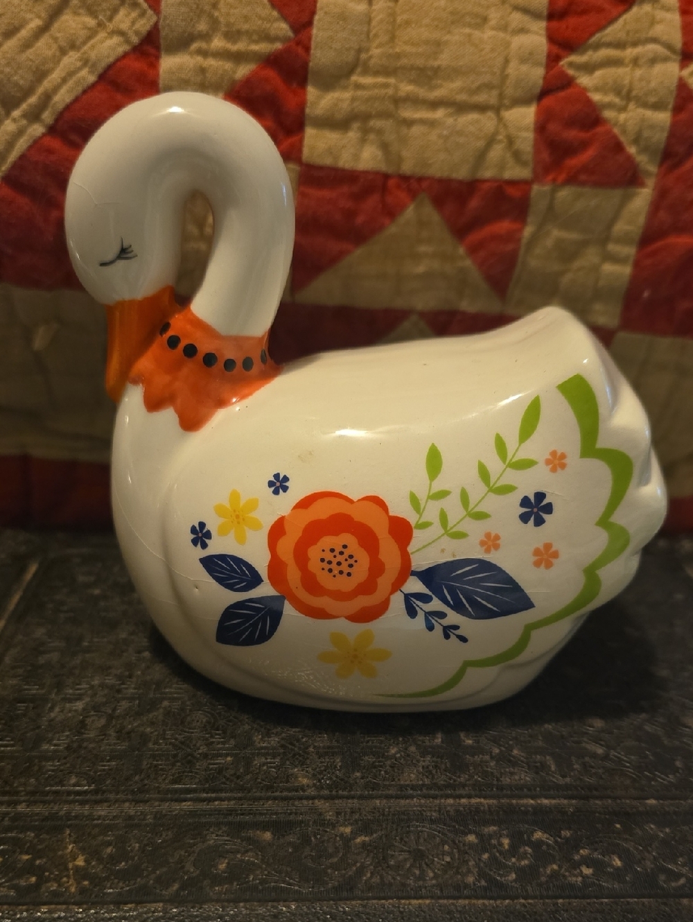 Ceramic Swan Trinket Dish with Orange Floral Design